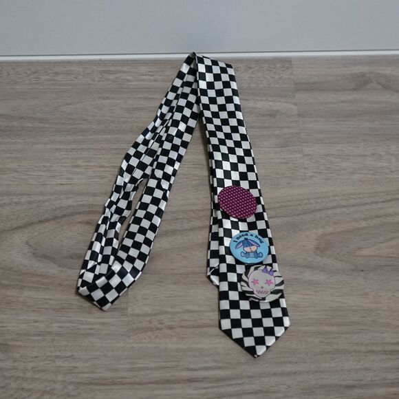 Checkered Black and White Tie with Pins Teens - Picture 1 of 7